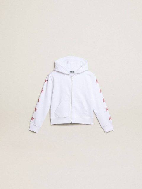 Kids White Girls’ Zip-Up Sweatshirt In White With Glitter Stars On The Sleeves Topwear Selection (4-12 Years) Golden Goose