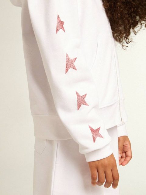 Kids White Girls’ Zip-Up Sweatshirt In White With Glitter Stars On The Sleeves Topwear Selection (4-12 Years) Golden Goose - Image 5