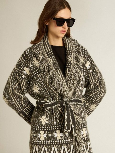Knitwear Golden Goose Cardigan With Belt And Dark Gray Fair Isle Pattern Dark Gray Melange And Wool White Women - Image 2