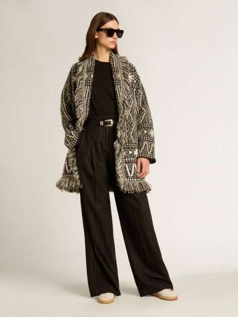 Knitwear Golden Goose Cardigan With Belt And Dark Gray Fair Isle Pattern Dark Gray Melange And Wool White Women - Image 3