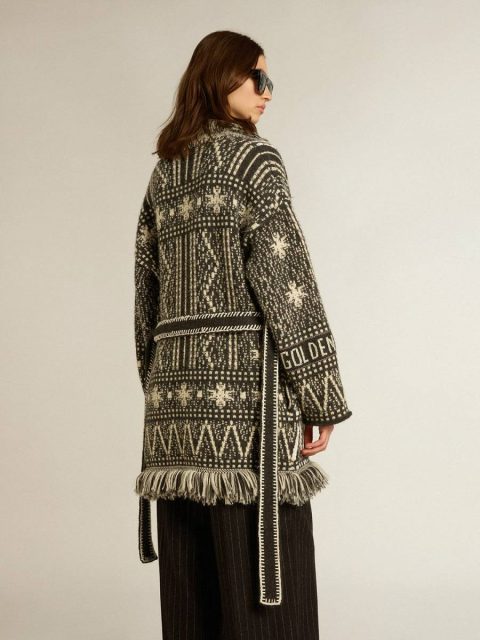 Knitwear Golden Goose Cardigan With Belt And Dark Gray Fair Isle Pattern Dark Gray Melange And Wool White Women - Image 4