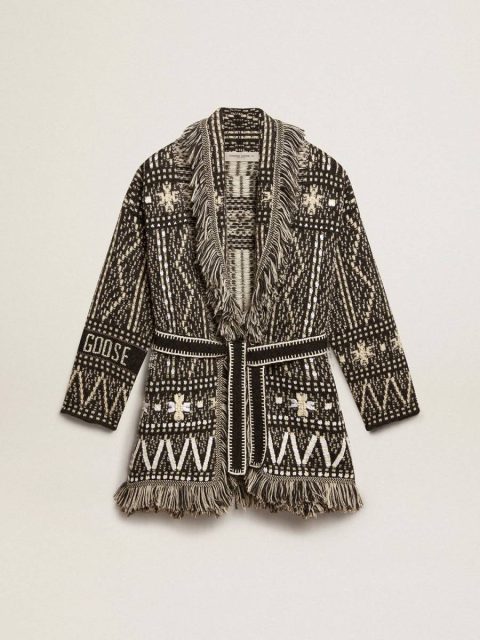 Knitwear Golden Goose Cardigan With Belt And Dark Gray Fair Isle Pattern Dark Gray Melange And Wool White Women