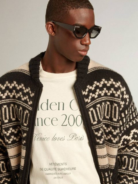 Knitwear Men Golden Goose Men’s Cardigan In Ecru Wool With Jacquard Design Ecru And Black - Image 2