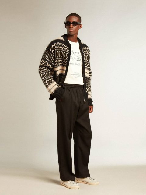 Knitwear Men Golden Goose Men’s Cardigan In Ecru Wool With Jacquard Design Ecru And Black - Image 3