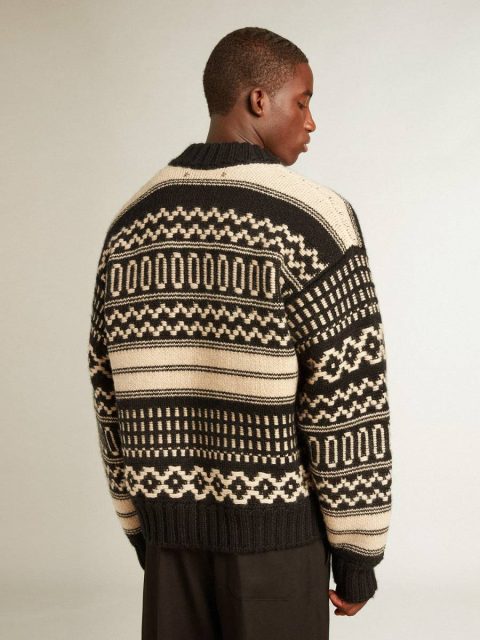 Knitwear Men Golden Goose Men’s Cardigan In Ecru Wool With Jacquard Design Ecru And Black - Image 4