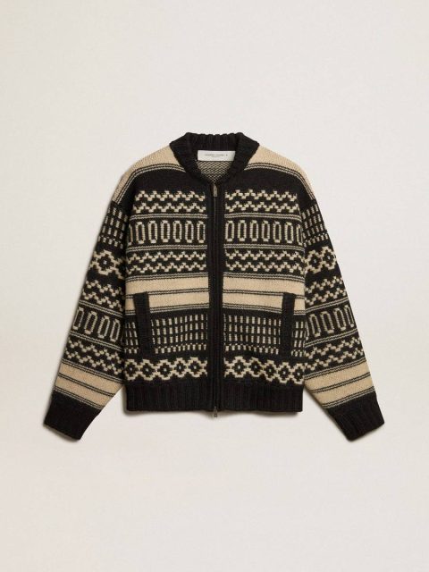 Knitwear Men Golden Goose Men’s Cardigan In Ecru Wool With Jacquard Design Ecru And Black