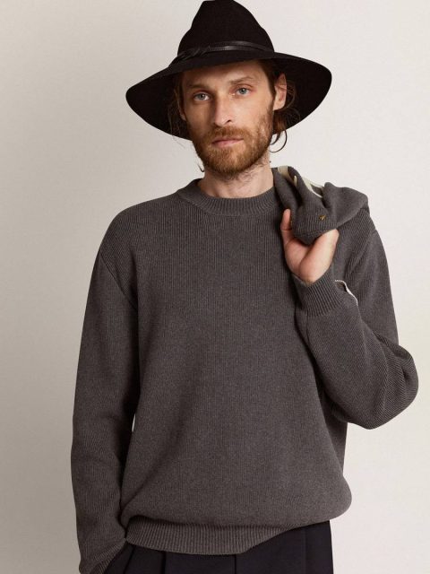Knitwear Men's Round-Neck Sweater In Dark Gray Cotton With Logo On The Back Men Dark Gray Melange Golden Goose - Image 2