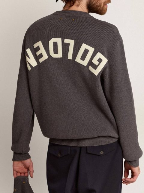 Knitwear Men's Round-Neck Sweater In Dark Gray Cotton With Logo On The Back Men Dark Gray Melange Golden Goose - Image 4