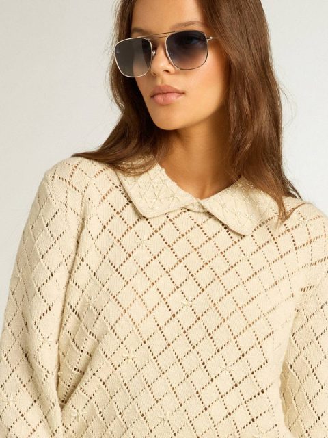 Knitwear Panama-Colored Openwork Cotton Cropped Sweater With Pearl Embroidery Golden Goose Panama Women - Image 2