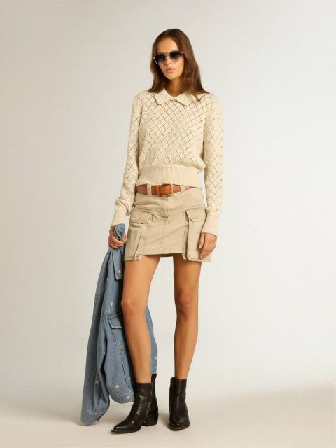 Knitwear Panama-Colored Openwork Cotton Cropped Sweater With Pearl Embroidery Golden Goose Panama Women - Image 3