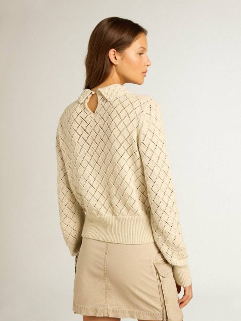 Knitwear Panama-Colored Openwork Cotton Cropped Sweater With Pearl Embroidery Golden Goose Panama Women - Image 4
