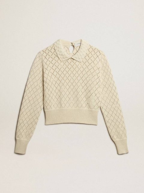 Knitwear Panama-Colored Openwork Cotton Cropped Sweater With Pearl Embroidery Golden Goose Panama Women