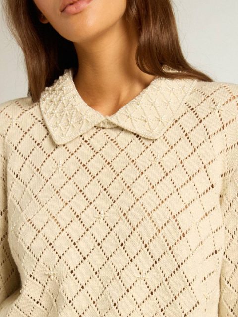 Knitwear Panama-Colored Openwork Cotton Cropped Sweater With Pearl Embroidery Golden Goose Panama Women - Image 5