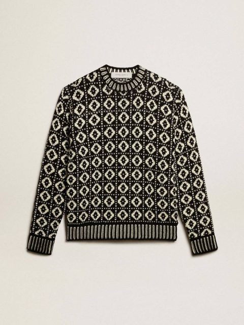 Knitwear Round-Neck Sweater With Geometric Pattern In Vintage White And Black Golden Goose Vintage White And Black Men