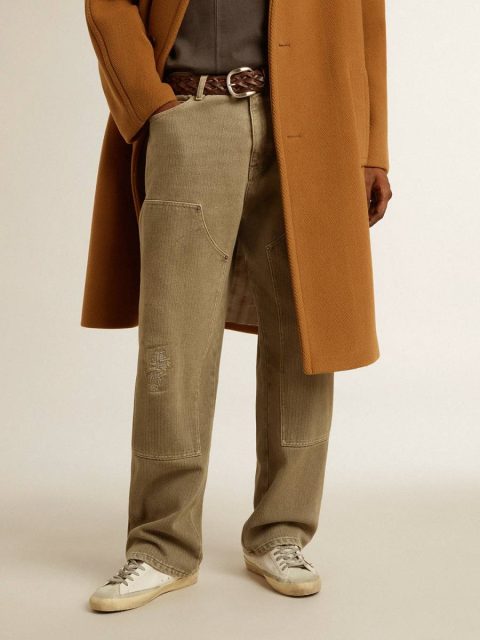 Light Olive Men's Distressed-Effect Cotton Pants Golden Goose Men Jeans & Pants - Image 3
