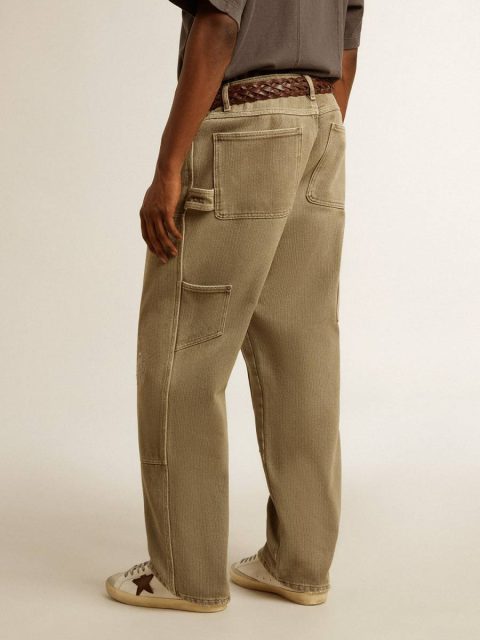 Light Olive Men's Distressed-Effect Cotton Pants Golden Goose Men Jeans & Pants - Image 5