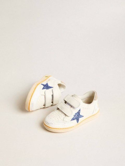 Little Girls (1-3 Years) Junior Ball Star With Blue Glitter Star And Beige Suede Heel Tab Kids Golden Goose White - Image 2