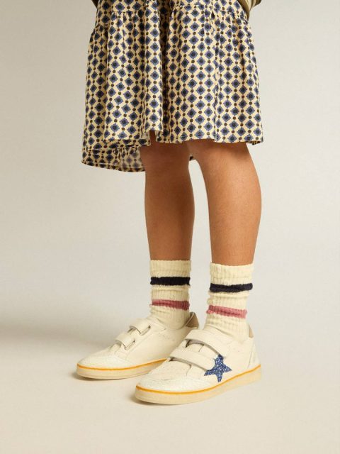 Little Girls (1-3 Years) Junior Ball Star With Blue Glitter Star And Beige Suede Heel Tab Kids Golden Goose White - Image 3