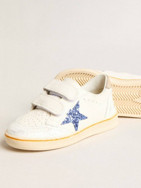Little Girls (1-3 Years) Junior Ball Star With Blue Glitter Star And Beige Suede Heel Tab Kids Golden Goose White - Image 4