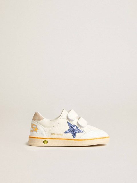 Little Girls (1-3 Years) Junior Ball Star With Blue Glitter Star And Beige Suede Heel Tab Kids Golden Goose White