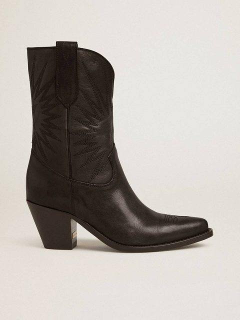 Low Wish Star Boots In Black Leather With Tone-On-Tone Inlay Star Black Women Boots Golden Goose