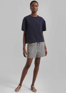 Lui Textured Boxer Shorts - Beige/Navy Multi Stripe Multi Women The Frankie Shop Bottoms - Image 5