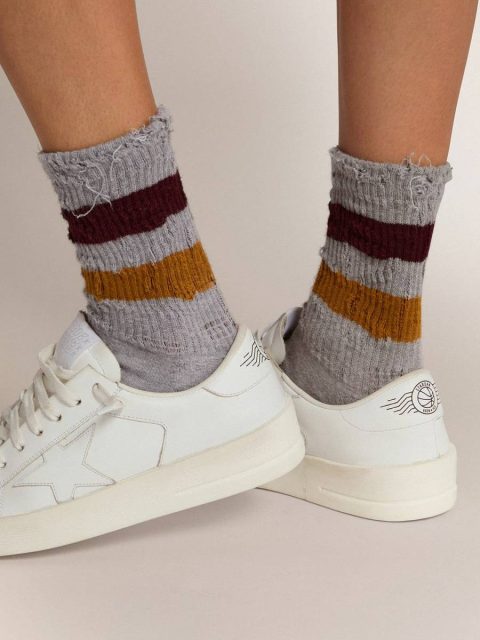 Melange Grey Socks With Distressed Details And Two-Tone Stripes Golden Goose Women Socks - Image 3