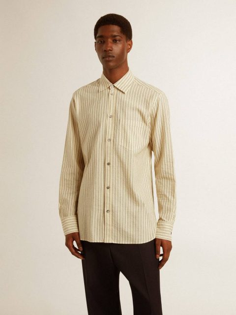 Men Ecru Men’s Ecru Cotton Shirt With Narrow Black Stripes Golden Goose Shirts - Image 2