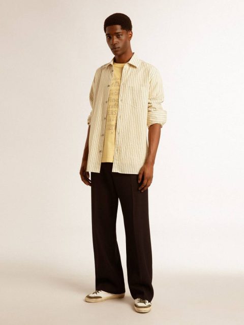 Men Ecru Men’s Ecru Cotton Shirt With Narrow Black Stripes Golden Goose Shirts - Image 3