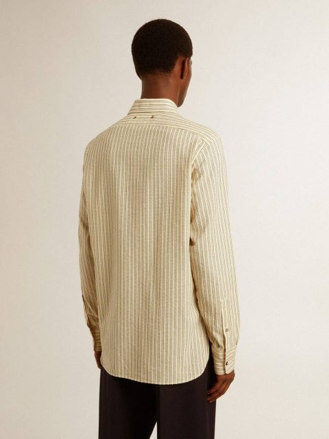 Men Ecru Men’s Ecru Cotton Shirt With Narrow Black Stripes Golden Goose Shirts - Image 4