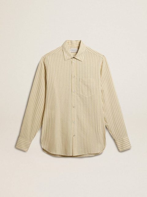 Men Ecru Men’s Ecru Cotton Shirt With Narrow Black Stripes Golden Goose Shirts