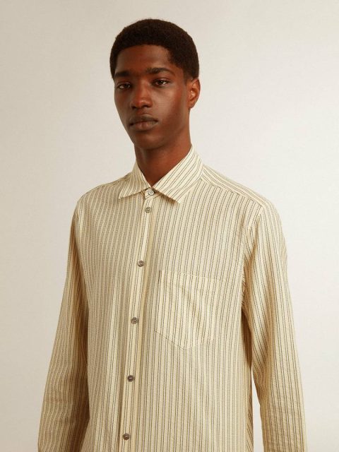 Men Ecru Men’s Ecru Cotton Shirt With Narrow Black Stripes Golden Goose Shirts - Image 5