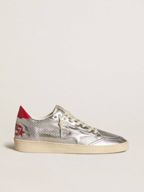 Men Golden Goose Bio-Based Ball Star In Metallic Silver With Silver Star And Red Heel Tab Ball Star