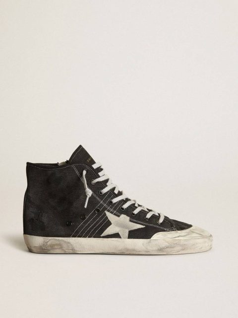 Men Golden Goose Francy Francy Penstar In Black Canvas With White Suede Star And Black Suede Heel Tab