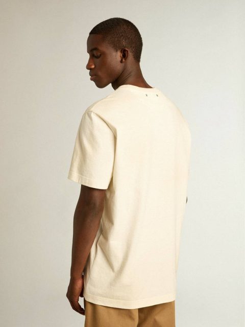 Men Golden Goose Men’s Cotton T-Shirt In Aged White With Faded Lettering T-Shirts & Polo Shirts Aged White - Image 4