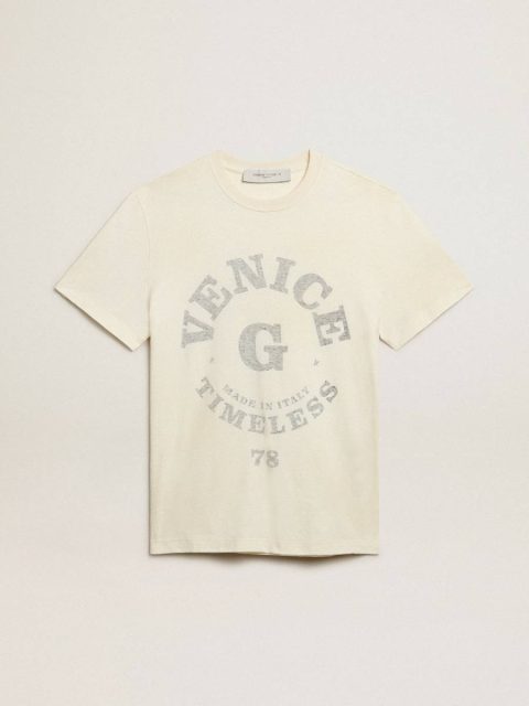 Men Golden Goose Men’s Cotton T-Shirt In Aged White With Faded Lettering T-Shirts & Polo Shirts Aged White