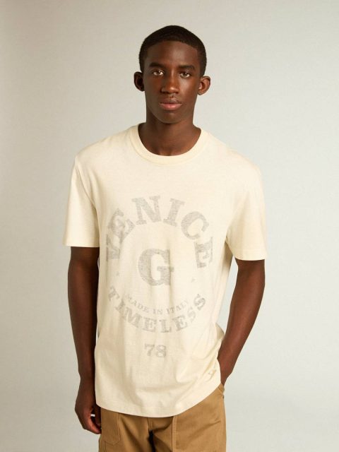 Men Golden Goose Men’s Cotton T-Shirt In Aged White With Faded Lettering T-Shirts & Polo Shirts Aged White - Image 5