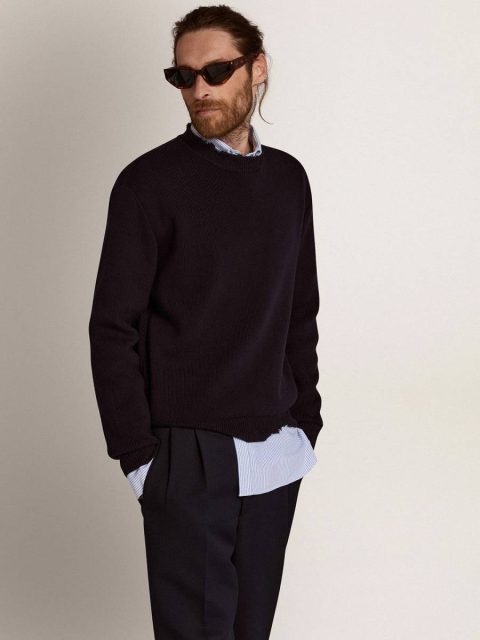 Men Golden Goose Men’s Round-Neck Sweater In Dark Blue Cotton Dark Blue Knitwear - Image 2