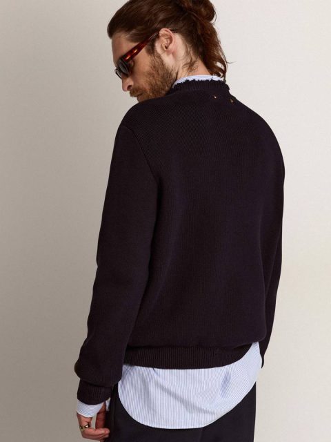 Men Golden Goose Men’s Round-Neck Sweater In Dark Blue Cotton Dark Blue Knitwear - Image 4