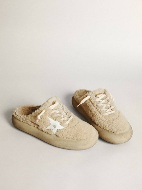Men Golden Goose Men’s Space-Star Sabots In Beige Shearling With White Leather Star Space-Star - Image 2