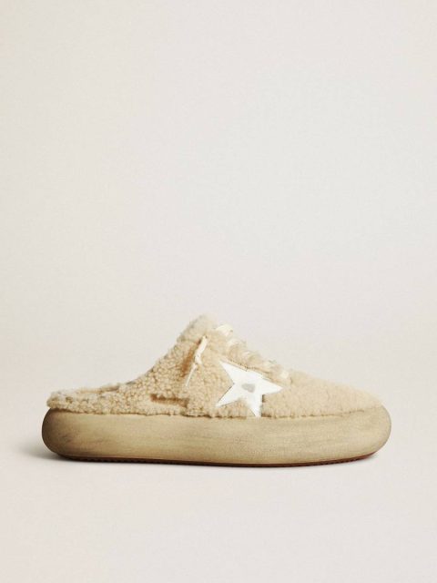 Men Golden Goose Men’s Space-Star Sabots In Beige Shearling With White Leather Star Space-Star