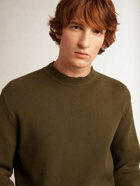 Men Golden Goose Military Green Men's Round-Neck Sweater In Military Green Cotton Knitwear - Image 2