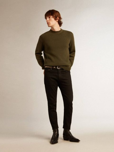 Men Golden Goose Military Green Men's Round-Neck Sweater In Military Green Cotton Knitwear - Image 3