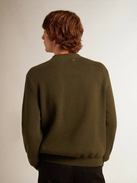 Men Golden Goose Military Green Men's Round-Neck Sweater In Military Green Cotton Knitwear - Image 4
