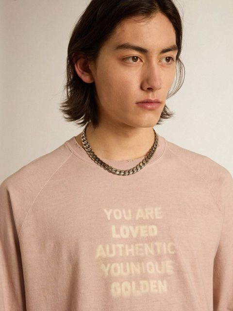 Men Golden Goose Powder-Pink T-Shirt With White Lettering On The Front T-Shirts & Polo Shirts Powder Pink - Image 3