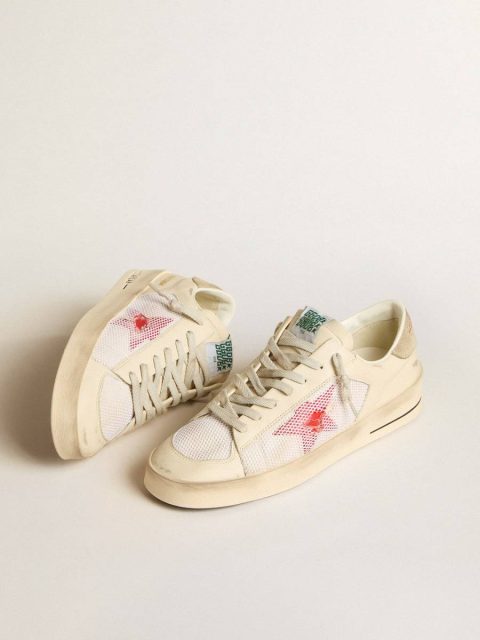 Men Golden Goose Stardan Men's Stardan In White Leather And Mesh With Red Star And Sand-Colored Heel Tab - Image 2