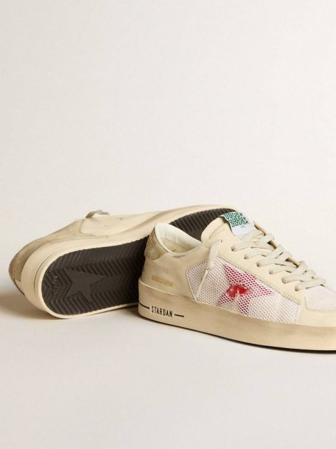 Men Golden Goose Stardan Men's Stardan In White Leather And Mesh With Red Star And Sand-Colored Heel Tab - Image 3