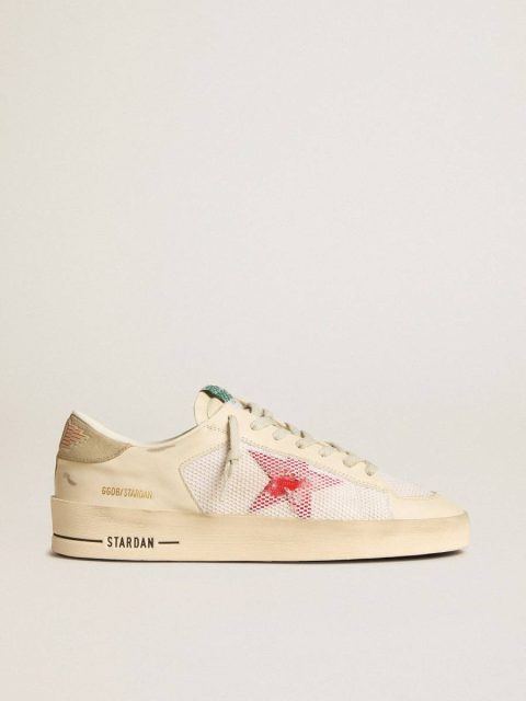 Men Golden Goose Stardan Men's Stardan In White Leather And Mesh With Red Star And Sand-Colored Heel Tab