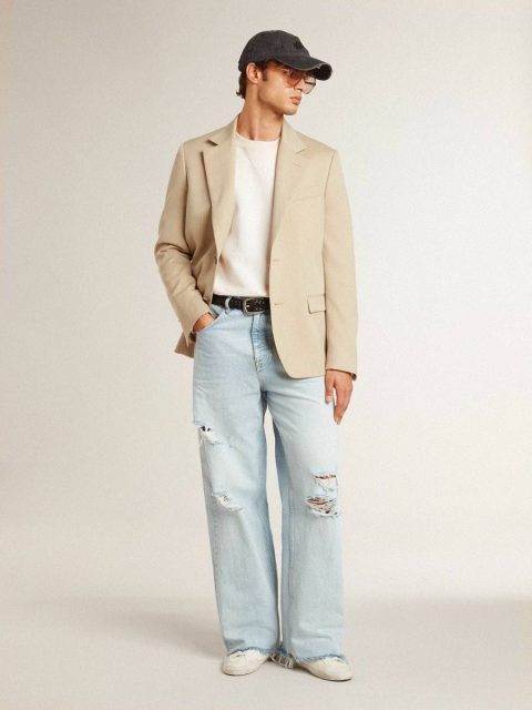 Men Golden Goose Sweatshirts Men's Sweatshirt In Worn White With Print Worn White - Image 3