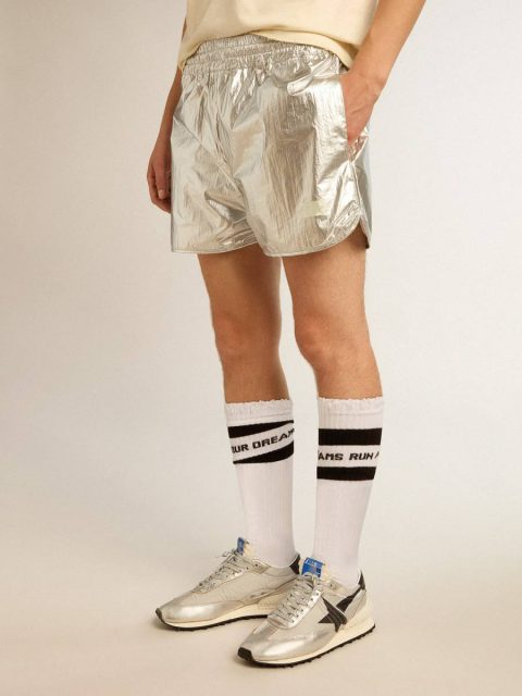 Men Men's Running Shorts In Silver Fabric Jeans & Pants Golden Goose Silver - Image 2
